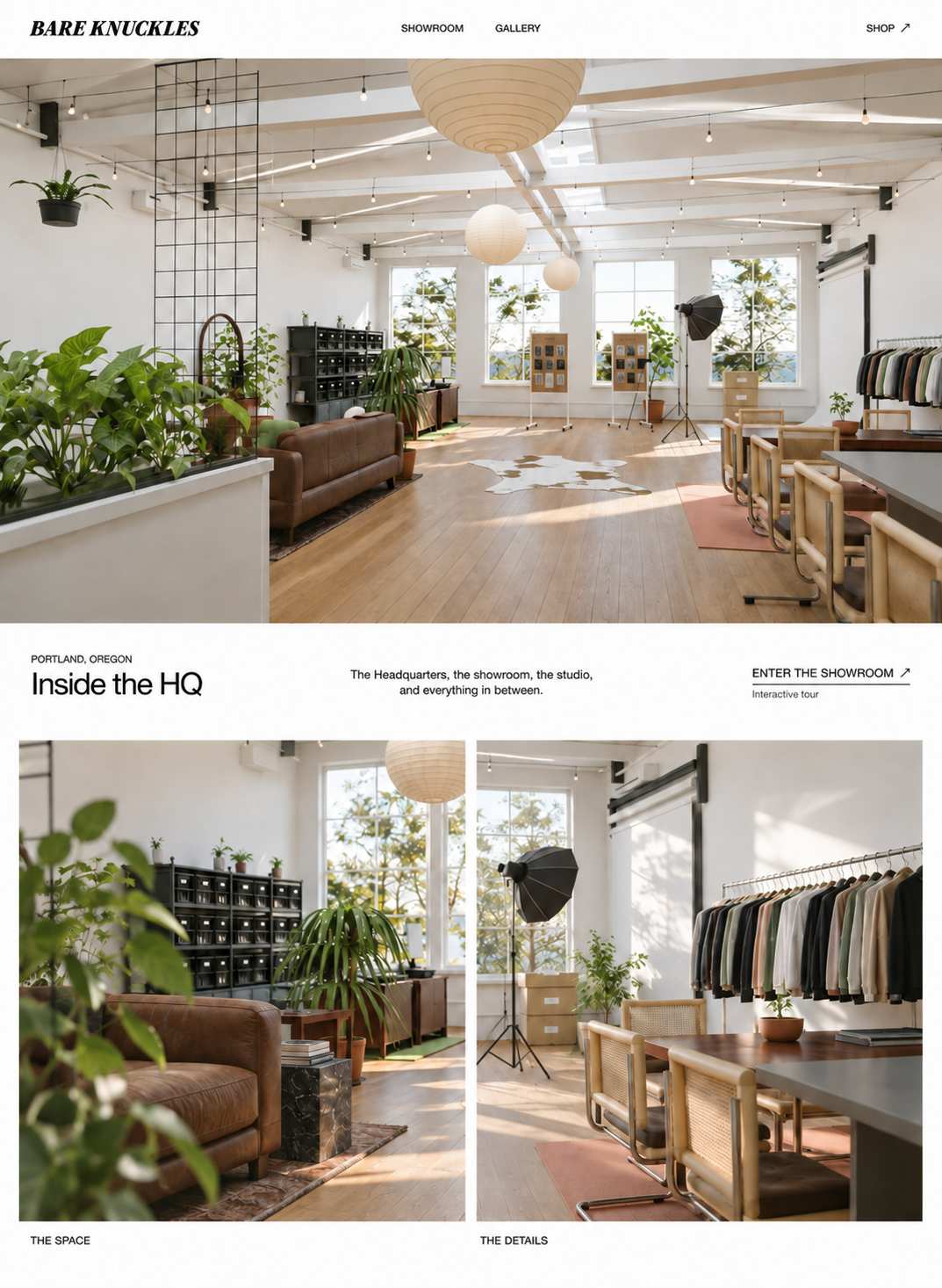 The sunlit Bare Knuckles headquarters: paper lanterns, plants, leather seating, and clothing rails in the Portland loft.