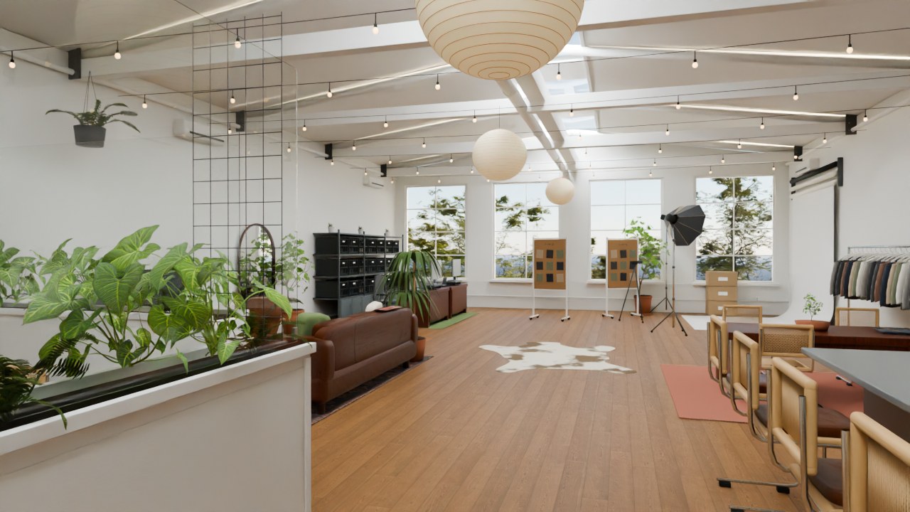 Daylight inside the Bare Knuckles showroom, with glass planters and oak flooring